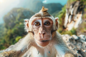 Aufkleber - Close up of a monkey's face with a mountain view in the background. Perfect for nature and animal lovers