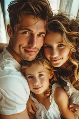 Wall Mural - A man, a woman, and a child posing for a picture. Ideal for family-related projects