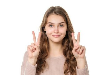 Poster - Young woman making a peace sign gesture. Suitable for various concepts