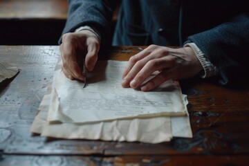 Poster - A person sitting at a table writing on a piece of paper. Suitable for office or education concepts
