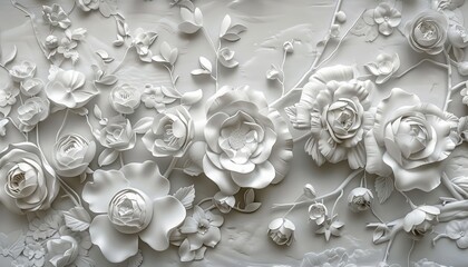 Aufkleber - 3d floral wall painting with white flowers on light grey background, elegant, ornate details, luxury, vintage