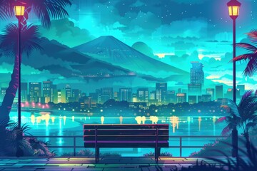 Poster - A bench sitting on a sidewalk by a body of water. Ideal for outdoor and relaxation concepts