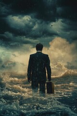 Poster - A man in a suit standing in the ocean. Suitable for business and travel concepts
