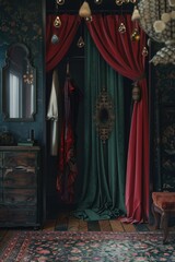 Poster - A room with a red and green curtain. Suitable for interior design concepts