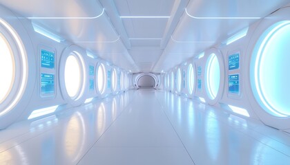Aufkleber - Futuristic white corridor with glowing round windows and blue digital screens on the walls, interior of a spaceship or space station in a sci-fi style. A futurism concept