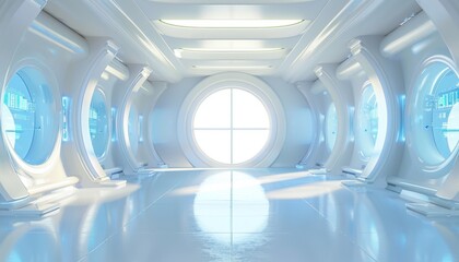 Aufkleber - Futuristic white corridor with glowing round windows and blue digital screens on the walls, interior of a spaceship or space station