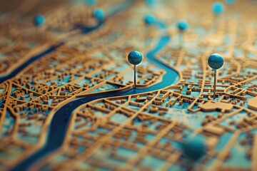 Poster - Detailed close up of a map with pins, perfect for travel websites