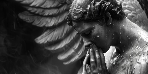 Poster - A black and white photo of a statue of an angel. Suitable for religious or artistic themes