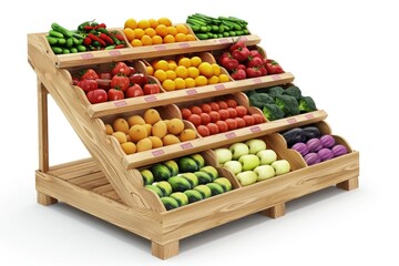 Canvas Print - A variety of fresh fruits and vegetables arranged on a wooden stand. Perfect for healthy eating concepts