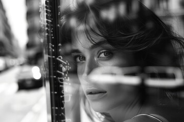 Aufkleber - A woman looking out a window. Suitable for various concepts