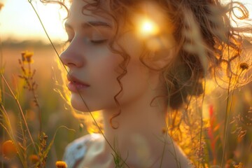 Poster - A woman with her eyes closed in a field of flowers. Suitable for nature and relaxation concepts