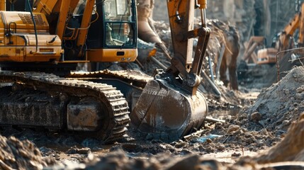 Poster - A man standing next to a bulldozer on a pile of dirt. Suitable for construction and industrial concepts