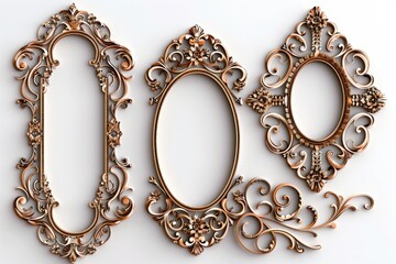 Poster - Elegant set of three ornate gold frames on a clean white background, perfect for adding a touch of luxury to your designs