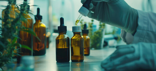 Poster - A person in a lab coat pouring liquid into a bottle. Ideal for science and research concepts