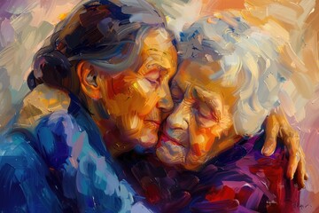 Poster - Two elderly women hugging, suitable for friendship concept