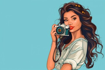 Poster - A woman taking a picture with a camera. Suitable for photography and technology concepts