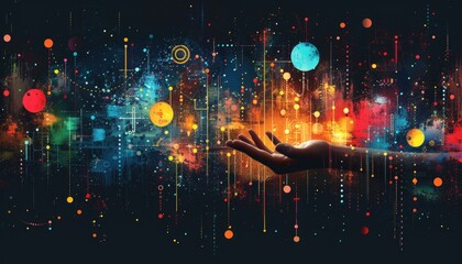 Wall Mural - a hand is reaching out into a colorful, abstract space filled with circles by ai generated image