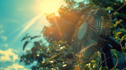 Poster - A fan sitting on top of a metal pole. Suitable for industrial or technology concepts