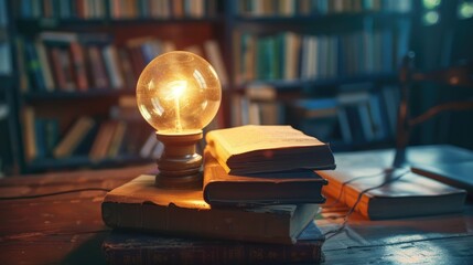 Poster - A light bulb sitting on top of a stack of books. Perfect for educational concepts