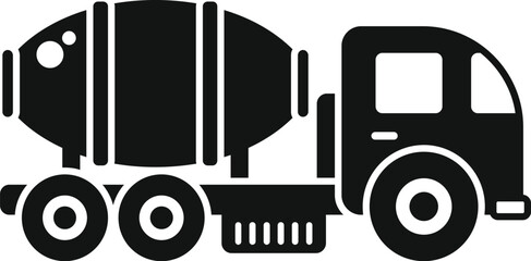 Poster - Black silhouette vector icon of a cement mixer truck used in the construction industry for transportation and mixing concrete, isolated on a white background