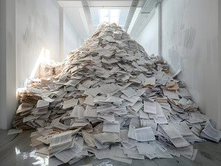 Overwhelming Pile of Papers in Bright Room with Skylights Chaotic Documents Stack in Clean, Sterile Environment Highlighting Stress and Disorganization from Massive Workload or Backlog