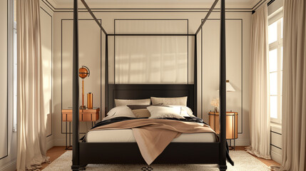 Wall Mural - Vintage art deco bedroom with a front perspective showing a charcoal black canopy bed, cream drapes, and a copper bedside lamp.