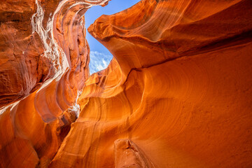 Antelope Canyon - colorful slot canyon with oranges, yellow, purples and blue in Arizona, USA on 28 April 2024