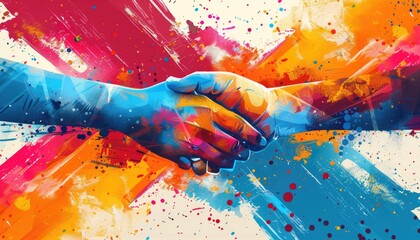 A painting of two hands shaking hands with a splash of colors in the background by AI generated image