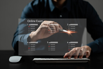 Poster - student passing online exam concept, online exam, choose correct answer in test knowledge. E-learning, education concept.