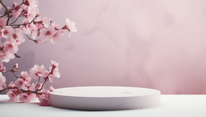 Sticker - Pink Platform Stage For Beauty Product With A Sprig Of Cherry Blossom Or Apple Tree