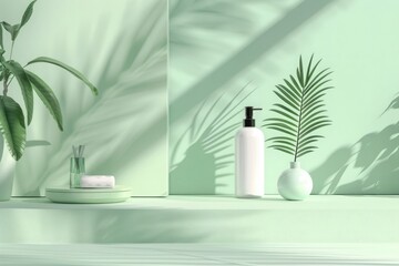 Wall Mural - 3D render of a simple composition with a bottle and hair product, plants on a light green background, geometric shapes and forms, ad posters