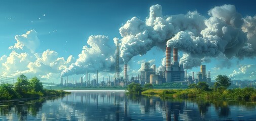 Wall Mural - Industrial landscape with factories emitting smoke, reflected in a calm river, symbolizing environmental pollution and climate change.