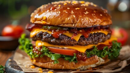 Wall Mural - A mouthwatering photo of a juicy hamburger stacked with fresh ingredients and oozing with melted cheese, perfect for food photography and restaurant promotions.