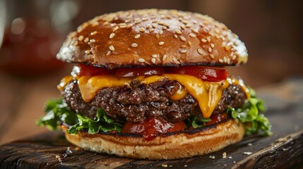 Wall Mural - A mouthwatering photo of a juicy hamburger stacked with fresh ingredients and oozing with melted cheese, perfect for food photography and restaurant promotions.