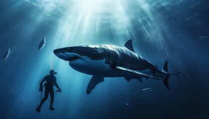 Wall Mural - A diver and a large shark met underwater