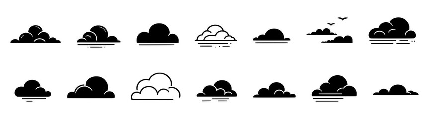 Set of simple cloud icons isolated on a white background - Collection of small black clouds in various styles or shapes