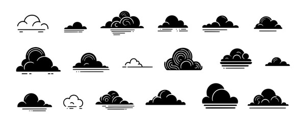 Wall Mural - set of simple cloud icons isolated on a white background - collection of small black clouds in vario