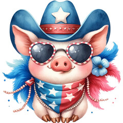 Wall Mural - cute happy pig watercolor clipart,cute with American Cowboy hat, pig with cowboy hat and sun glasses, cute with feather boa and pearls