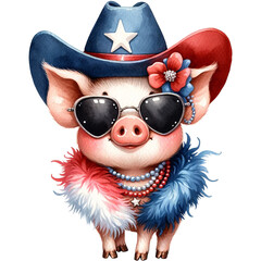 Wall Mural - cute happy pig watercolor clipart,cute with American Cowboy hat, pig with cowboy hat and sun glasses, cute with feather boa and pearls