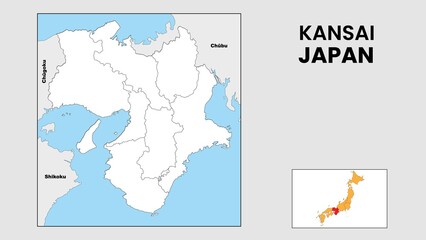 Sticker - Kansai Map. State and district map of Kansai. Political map of Kansai with outline and black and white design.