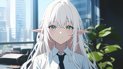 anime elf girl long white hair formal office uniform