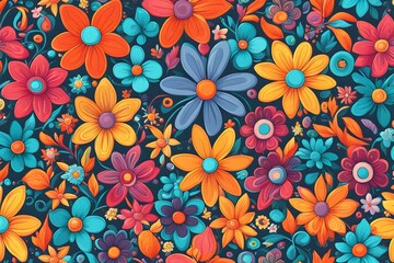 Wall Mural - Colorful floral pattern in cartoon style. flowers and leaves with playful features seamless pattern background