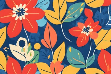 Wall Mural - Colorful floral pattern in cartoon style. flowers and leaves with playful features seamless pattern background