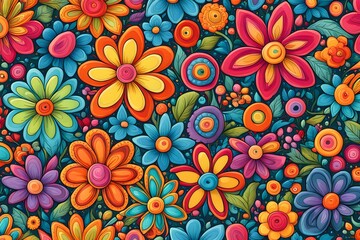 Wall Mural - Colorful floral pattern in cartoon style. flowers and leaves with playful features seamless pattern background