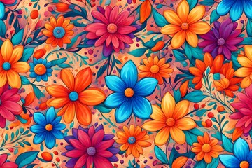 Wall Mural - Colorful floral pattern in cartoon style. flowers and leaves with playful features seamless pattern background