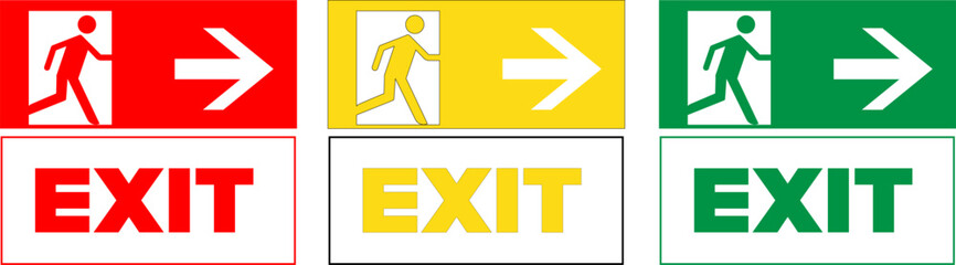 Various colored exit signs isolated on transparent background. Exit sign collection of editable icons. Vector stock icons