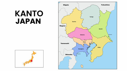 Poster - Kanto Map. State and district map of Kanto. Political map of Kanto with country capital.