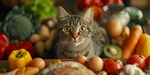 Wall Mural - Portrait of a cat with fruits and vegetables around him. Healthy food concept. Generative AI.