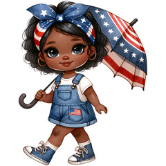 Wall Mural - Patriotic Girl Clipart,American Pride,4th of July PNG ,Veteran Day,Memorial Day PNG,Cute Black Girl,Afro Girl