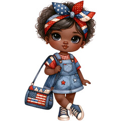 Wall Mural - Patriotic Girl Clipart,American Pride,4th of July PNG ,Veteran Day,Memorial Day PNG,Cute Black Girl,Afro Girl